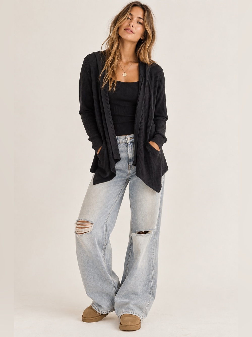 Supima Cotton and Modal Black Open-Front Hooded Cardigan Sweater